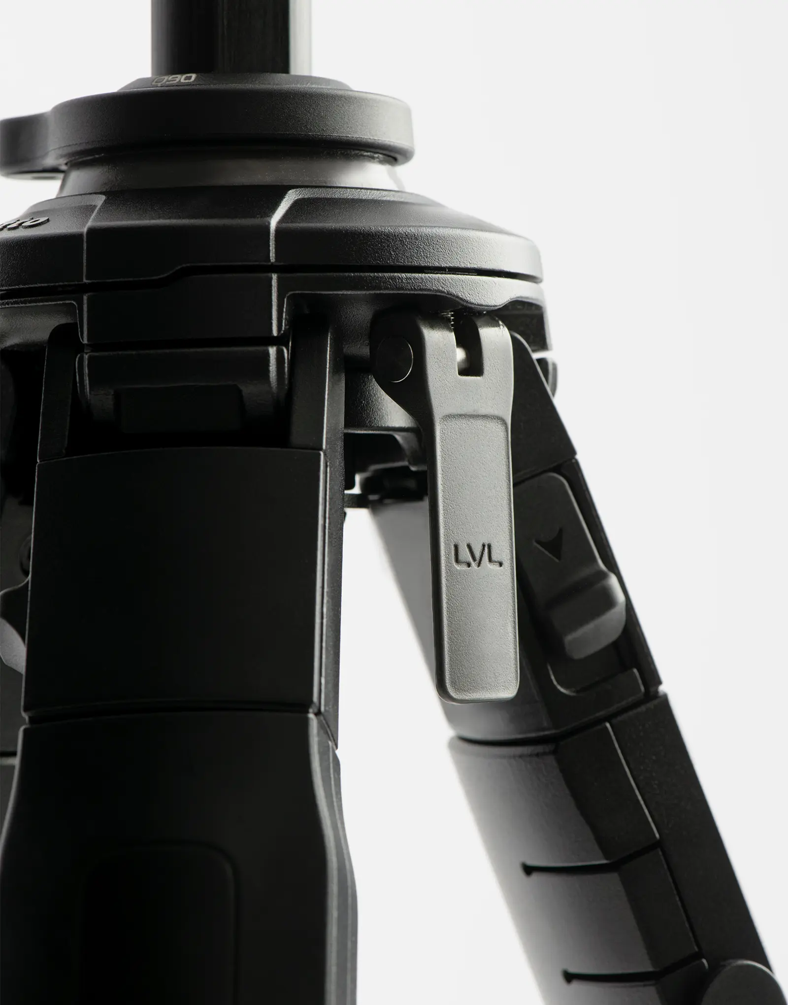 Close-up of the ONE tripod by leading industrial design consultancy LAYER showing the leg joint and adjustment detail with branding on a white background.