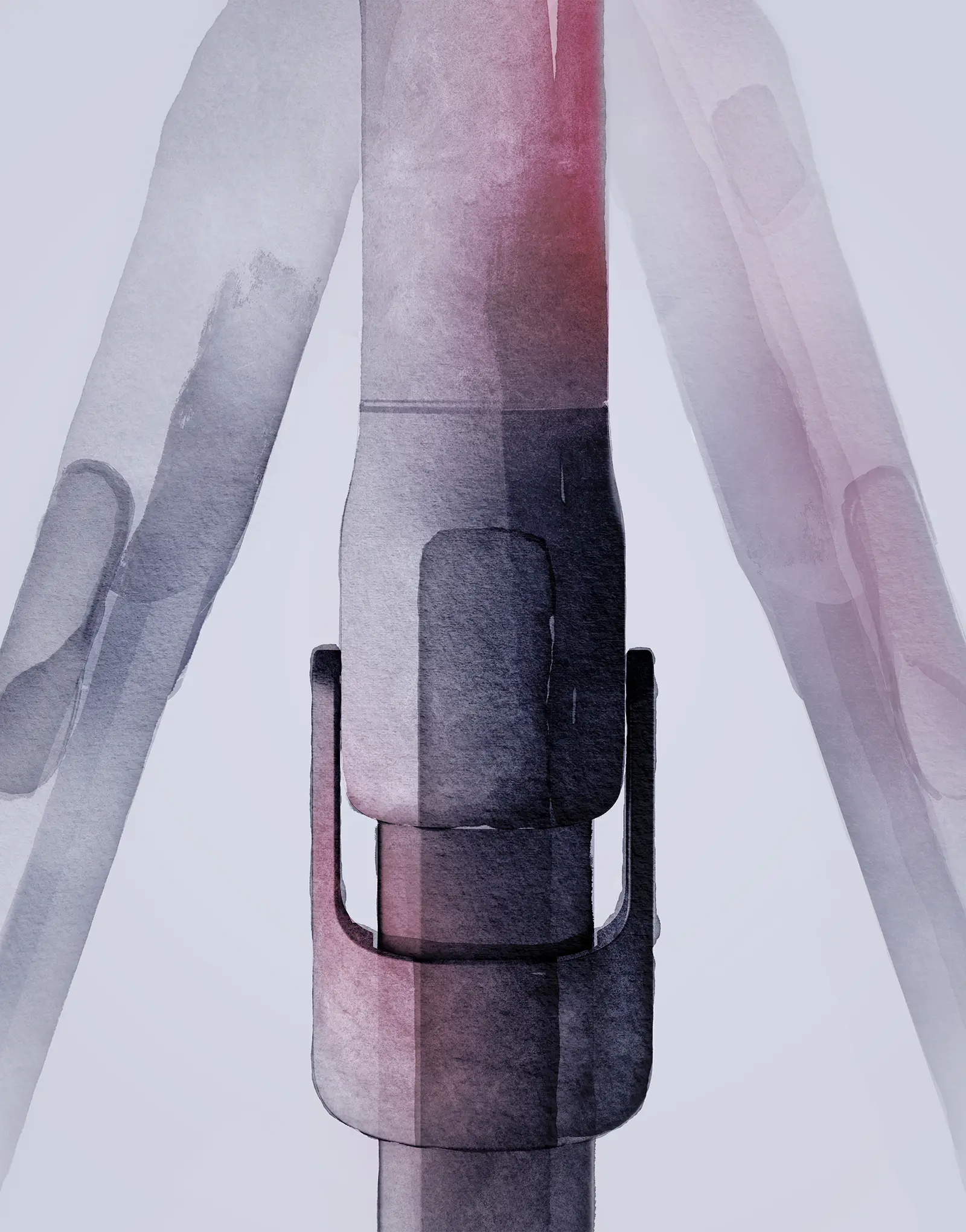 Watercolour illustration detail of the ONE tripod’s central locking mechanism with overlapping leg positions.
